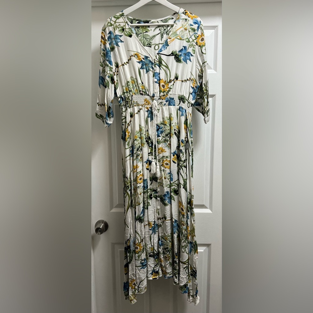 Floral Button-Down Dress with Tassels